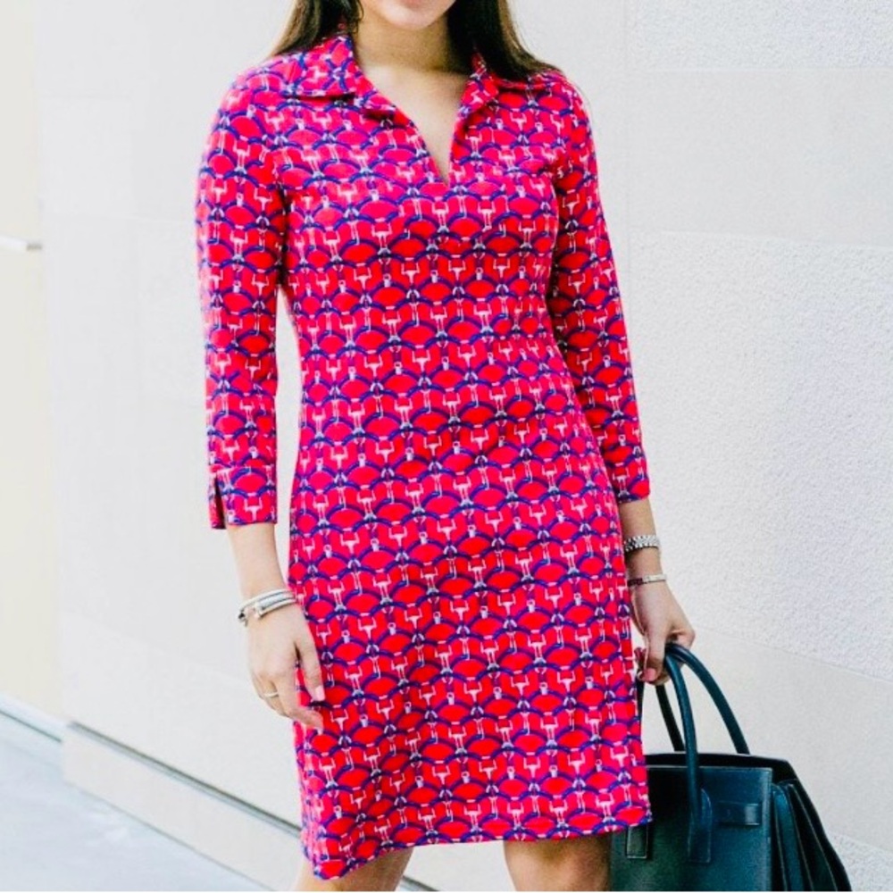 BARBARA GERWIT Vibrant Red and Blue Patterned Dress, Size Medium